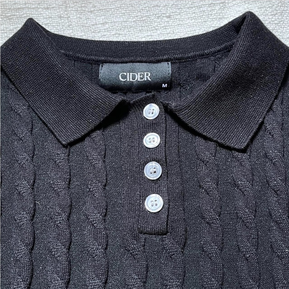 Cider Black Knit Polo Crop Top Sweater Short Sleeve Tee Size M Medium - Picture 3 of 4